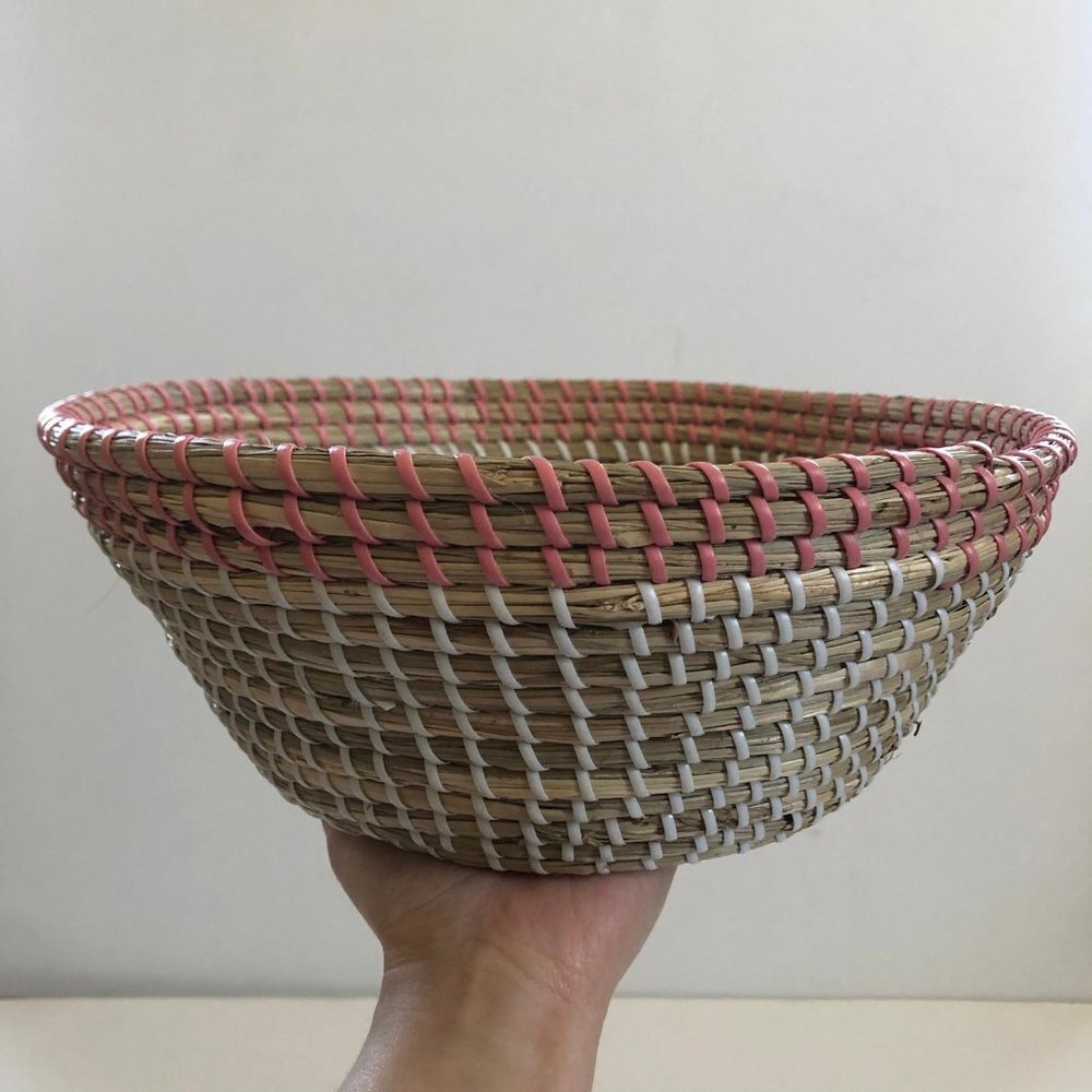 Vintage Brown Basket with Pink and White Details, 1970s Boho Decor